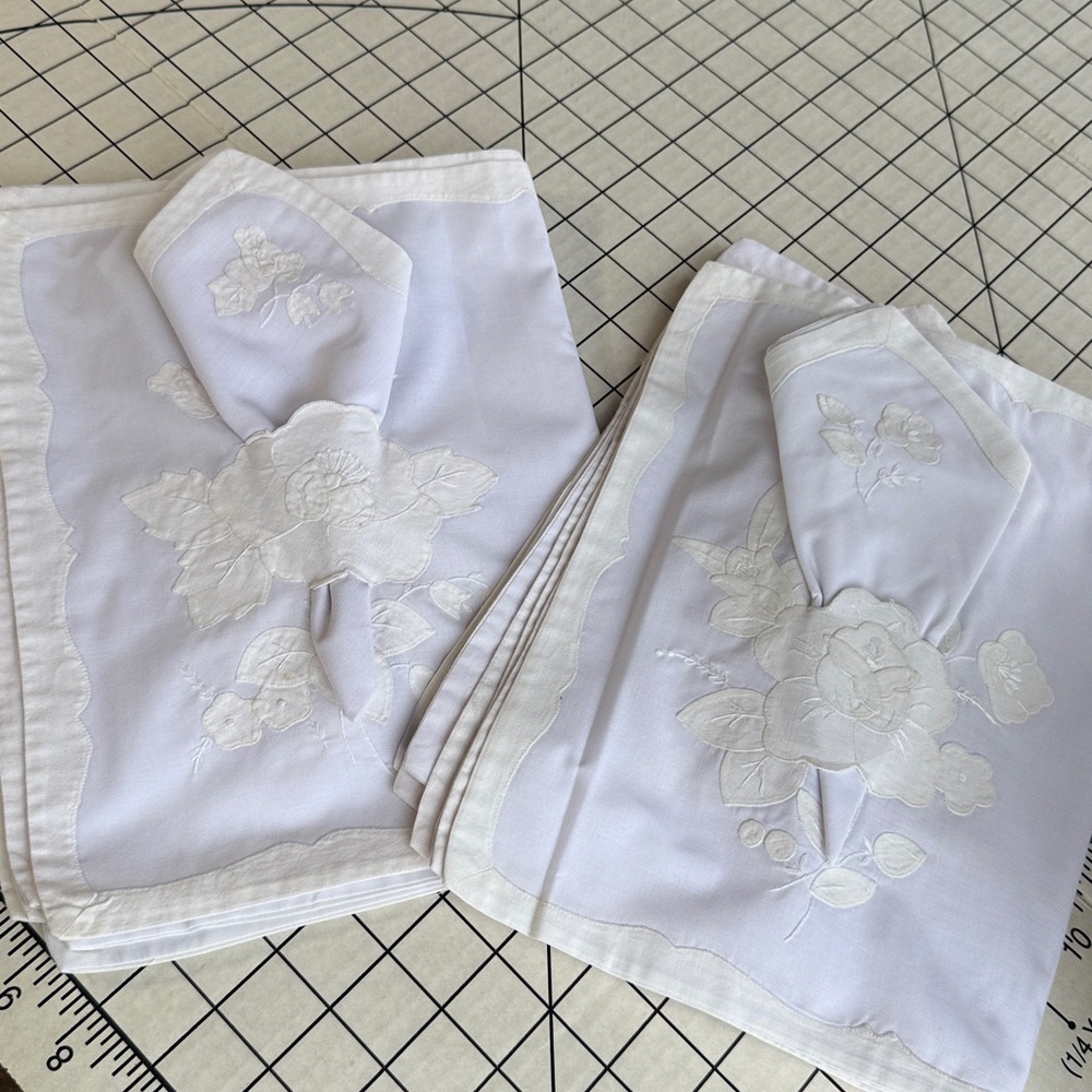 Vintage Sunham White Embroidered Placemats & Napkins Set of 16 | Floral Appliqué